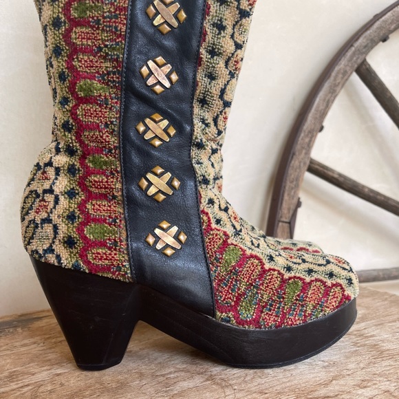 CALLEEN CORDERO Colorful Blanket Ikat Copper Studded Wood Clog Heel Boots 7 USA! - Picture 6 of 12